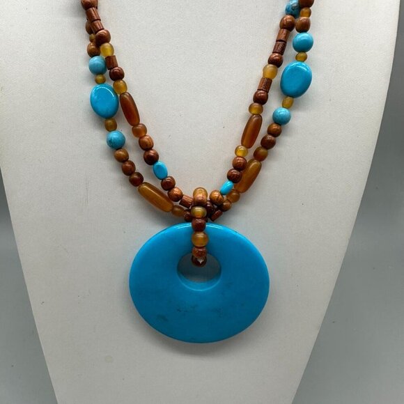 3/$30 Stone Pendant Necklace Blue Brown Beaded Natural Earthy Boho 20 in - Picture 5 of 13